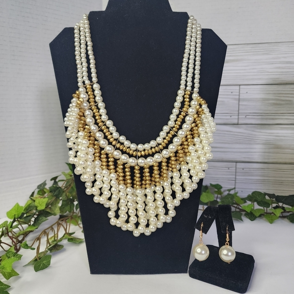 Faux Pearl Multi Strand Bib Necklace Matching Earrings Set